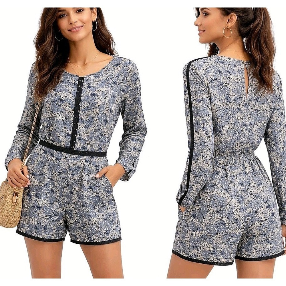 RANNA GILL Size Small Anthropologie Hettie Blue Floral Long Sleeve Romper Pocket